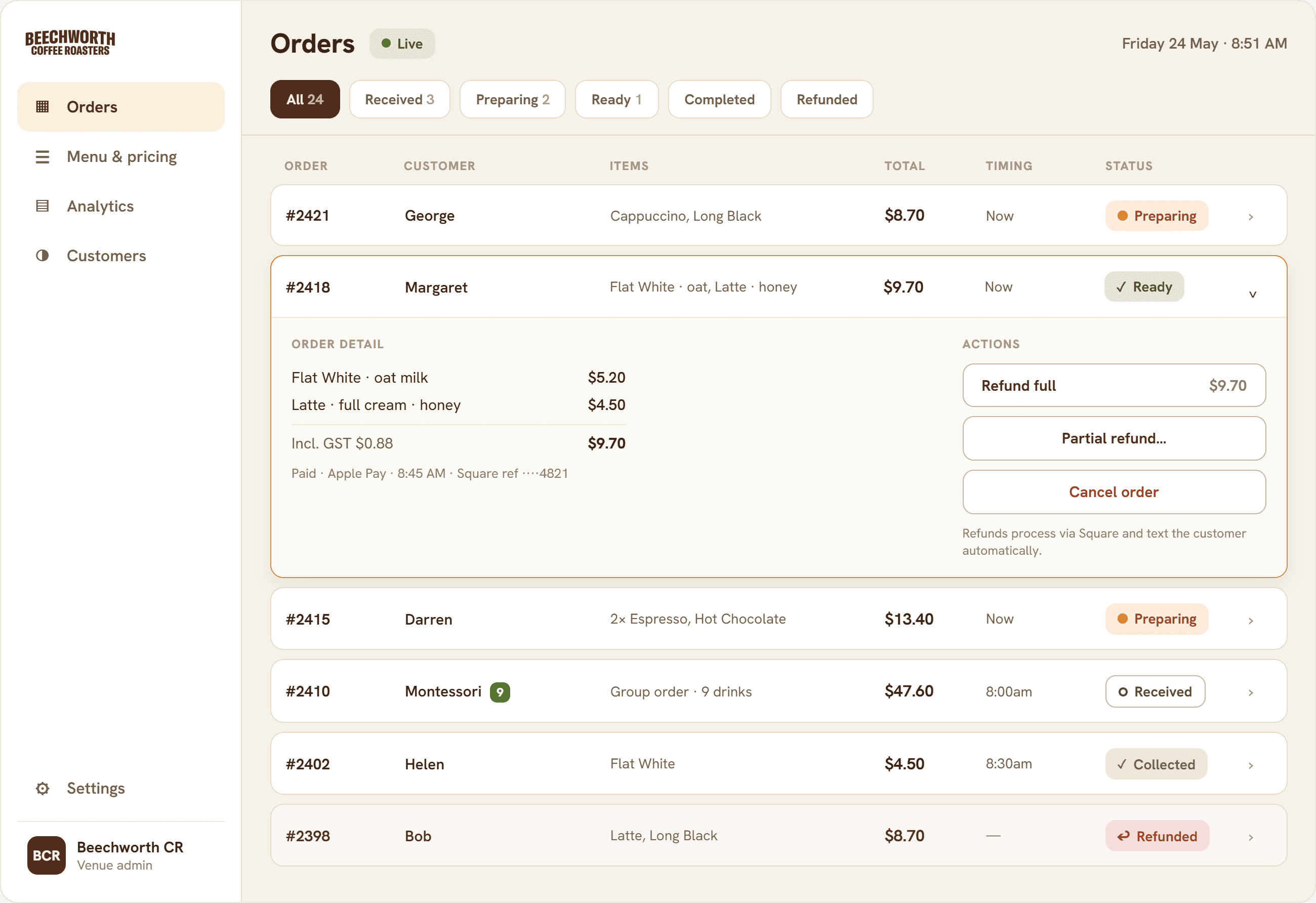 Admin live orders and refunds