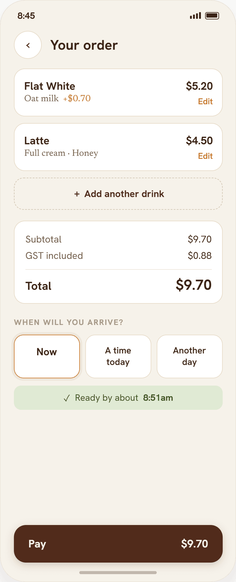 Cart and checkout screen