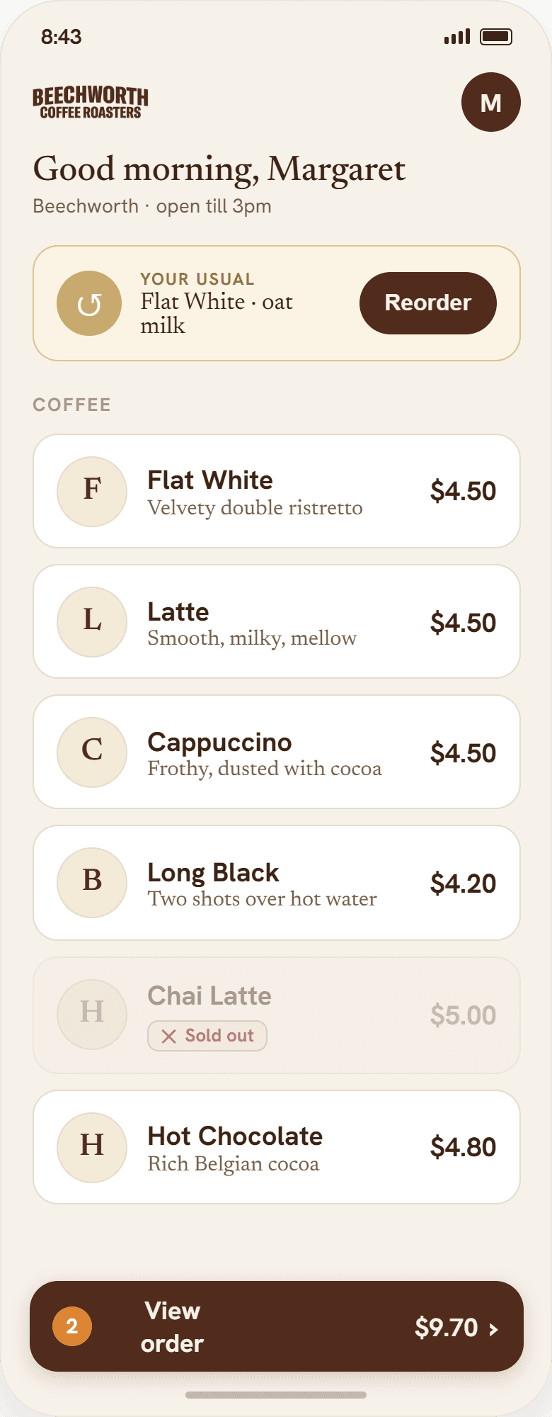 Customer menu on a phone